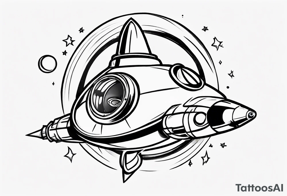 Super simple cartoon rocket ship with a round window, 3 fins, and fire coming out the bottom

Add some shading and detail to make less basic tattoo idea