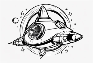 Super simple cartoon rocket ship with a round window, 3 fins, and fire coming out the bottom

Add some shading and detail to make less basic tattoo idea