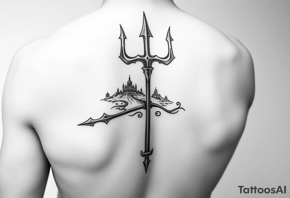 medium size Trident tattoo on the outer arm, insert Atlantis as the background. Black and white only tattoo idea