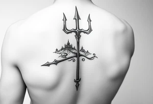 medium size Trident tattoo on the outer arm, insert Atlantis as the background. Black and white only tattoo idea