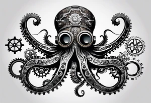 An octopus designed with steampunk elements like gears, bolts, and steam pipes integrated into its body. This merges the natural and mechanical in a visually intriguing way. tattoo idea