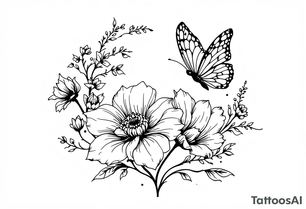 A delicate and highly detailed tattoo design featuring elegant flowers and two butterflies, symbolizing family, love, and the bond between a mother and her children. The flowers, such as lilies or peonies, represent protection, beauty, and unconditional love. Two butterflies gracefully flying around the flowers symbolize the children, Zackary and Charlie, representing their growth and freedom. Their names should be subtly integrated into the design, either along the stems of the flowers, within the butterfly wings, or in an elegant script flowing naturally with the composition. tattoo idea