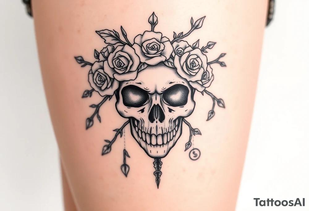 ornate skull adorned with crown of wild roses and thorns tattoo idea