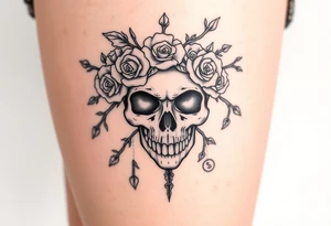 ornate skull adorned with crown of wild roses and thorns tattoo idea