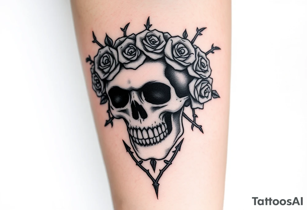 ornate skull adorned with crown of wild roses and thorns tattoo idea