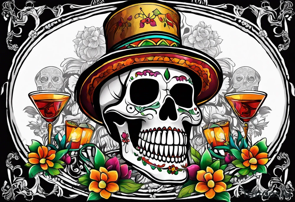 Mexico day of dead  man standing
 skeleton drink tattoo idea