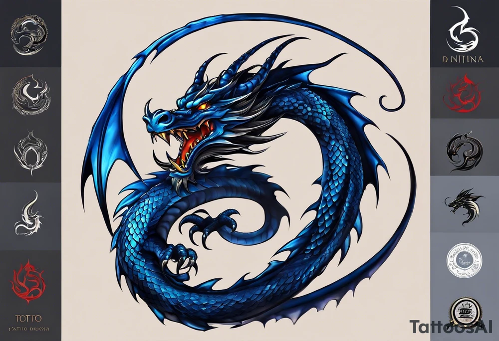 An epic floating dragon. Its long body coiling dynamically, with scales and horns detailed to create a sense of movement and strength. The dragon's main color is midnight blue, giving a vibrant depth and a mystical aura. This tattoo highlights the dragon’s fierce expression and sharp claws. tattoo idea