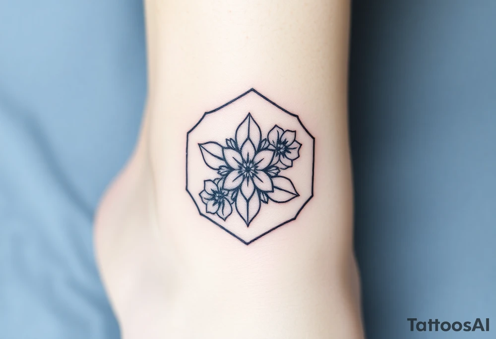 Faint Hexagon with Leo, larkspur and water lilies in the center tattoo idea