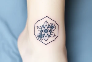 Faint Hexagon with Leo, larkspur and water lilies in the center tattoo idea