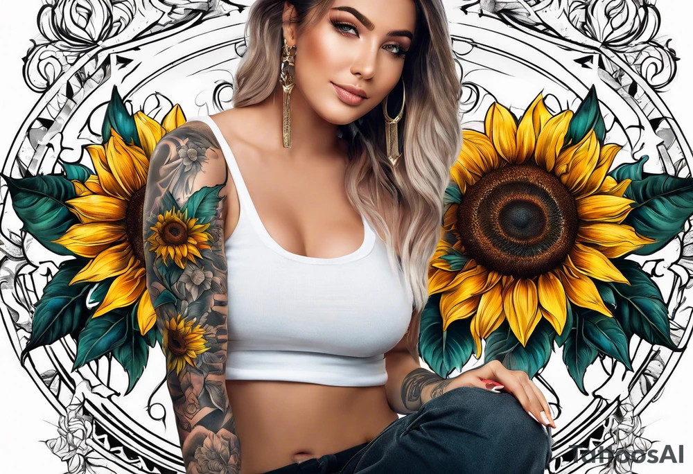 Sleeve with Roman numeral and sunflowers tattoo idea
