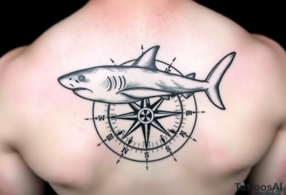 "A detailed black and grey tattoo design combining the top-down view of a shark with a compass. The shark should appear as if swimming across or emerging from the compass. The compass has intricate, sharp-edged needles and classic directional markings (N, S, E, W). The style is realistic with fine linework and light dot shading, suitable for forearm or upper arm placement. Bold yet elegant composition with oceanic and navigational symbolism." tattoo idea