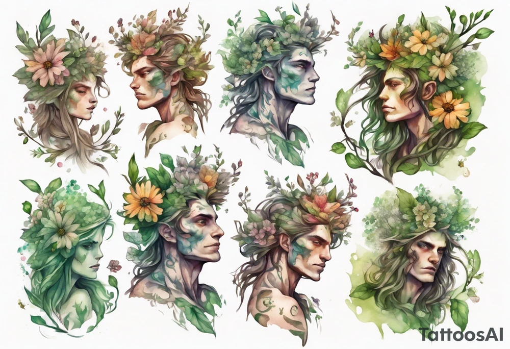 a male dryad covered in flowers tattoo idea