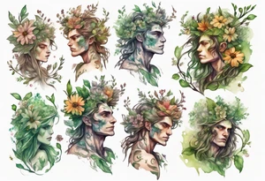 a male dryad covered in flowers tattoo idea