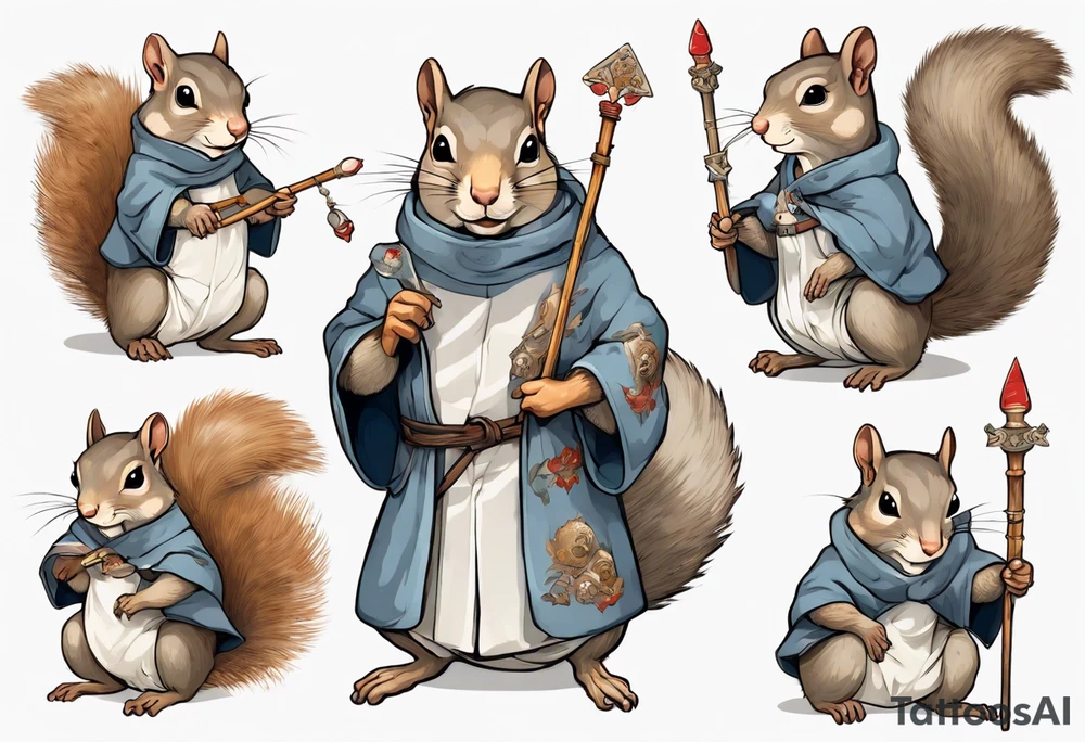 a grey squirrel dressed in a medieval tunic holding a white staff tattoo idea