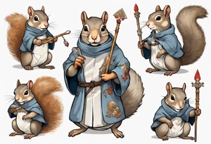 a grey squirrel dressed in a medieval tunic holding a white staff tattoo idea