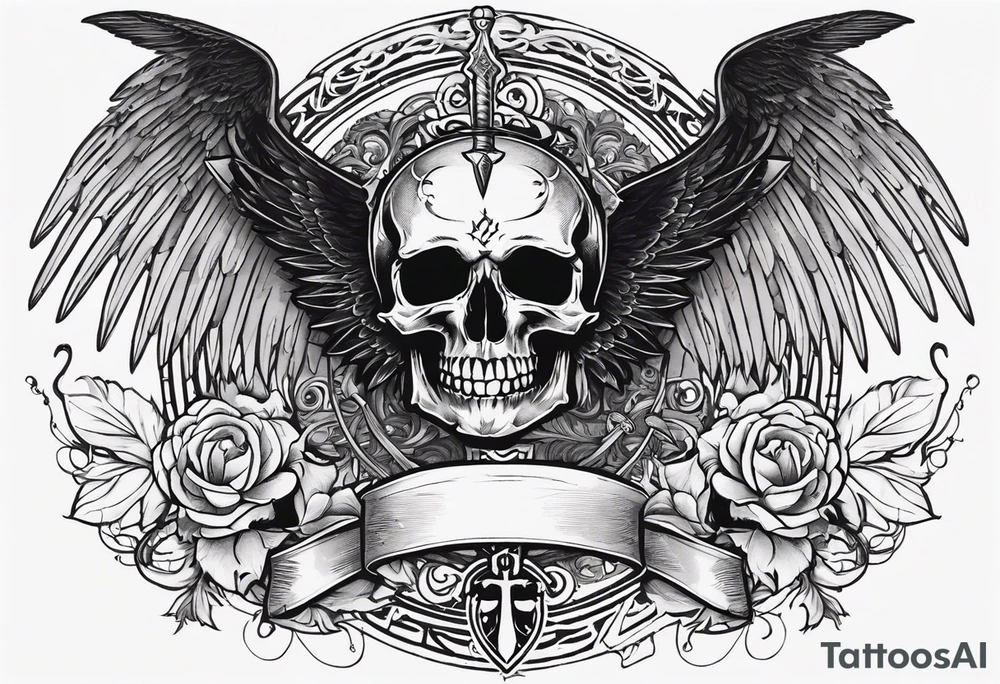 In the center is a half skull pierced by a large sword. On either side of the skull, there are spread angel wings, Beneath the skull is a ribbon with latvian symbols that weaves through both the skull and the sword tattoo idea