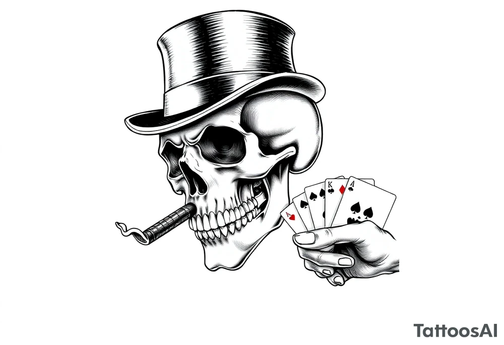 a skull with mustache,top-hat, cigar in his mouth and playing cards in a hand. tattoo idea