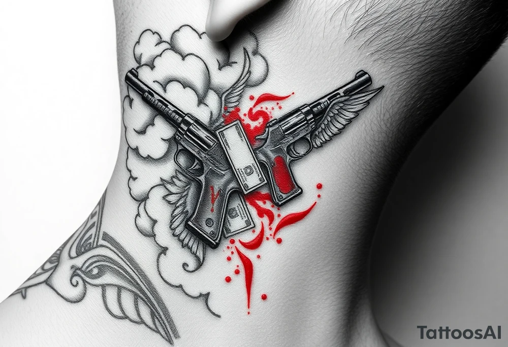 deepfull description of details with clouds,fire guns, money,angels and red tattoo idea