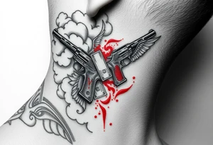 deepfull description of details with clouds,fire guns, money,angels and red tattoo idea