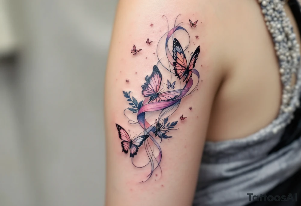 Barborka wrapped in a flowing ribbon, with soft pastel butterflies fluttering around. tattoo idea