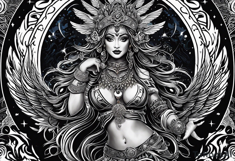 black kali, goddess pirate, alien, angel, pachamama, valkrye, warrior, flying, skull, lotus azul, wing, eagle, zenza resonance, stars, 5D, anahata chakra, death, durga, riding on a tiger, flying lady tattoo idea