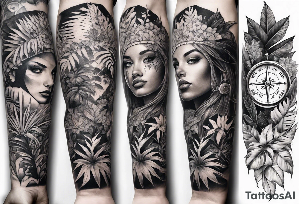 sleeve tattoo with jungle plants, eye compass tattoo idea