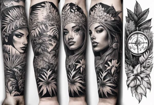 sleeve tattoo with jungle plants, eye compass tattoo idea