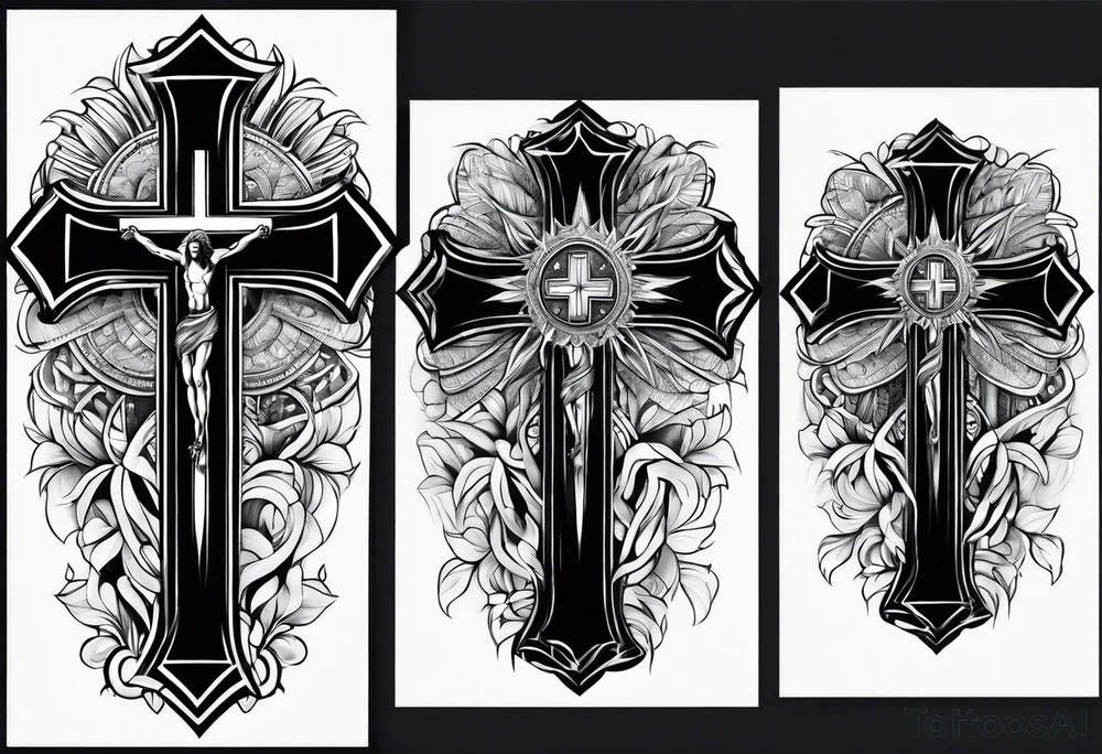 Big Jesus cross down the back with samoan patterns tattoo idea