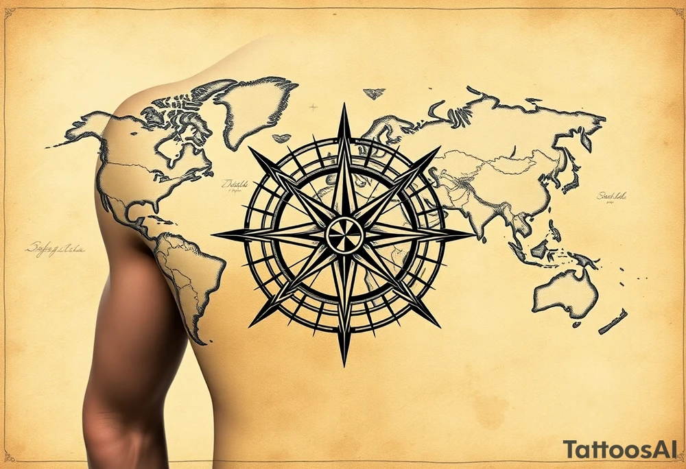 antique compass rose overlaid on weathered world map with sailing ships tattoo idea