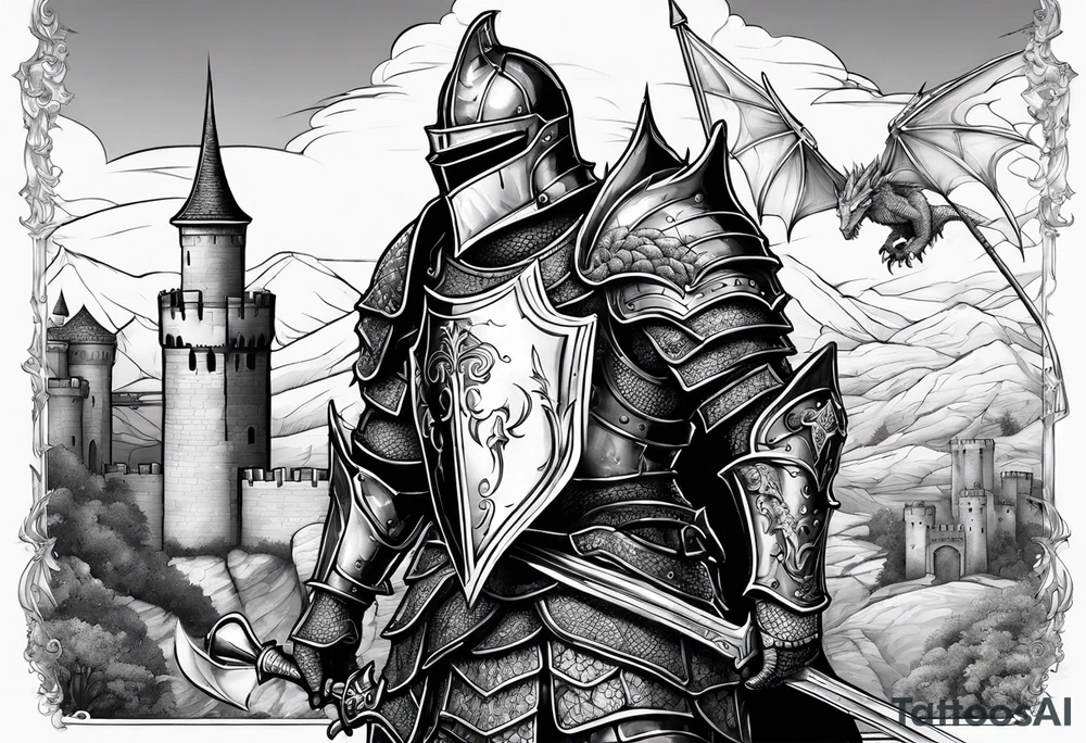 knight in armor full body with castle in background and dragon tattoo idea