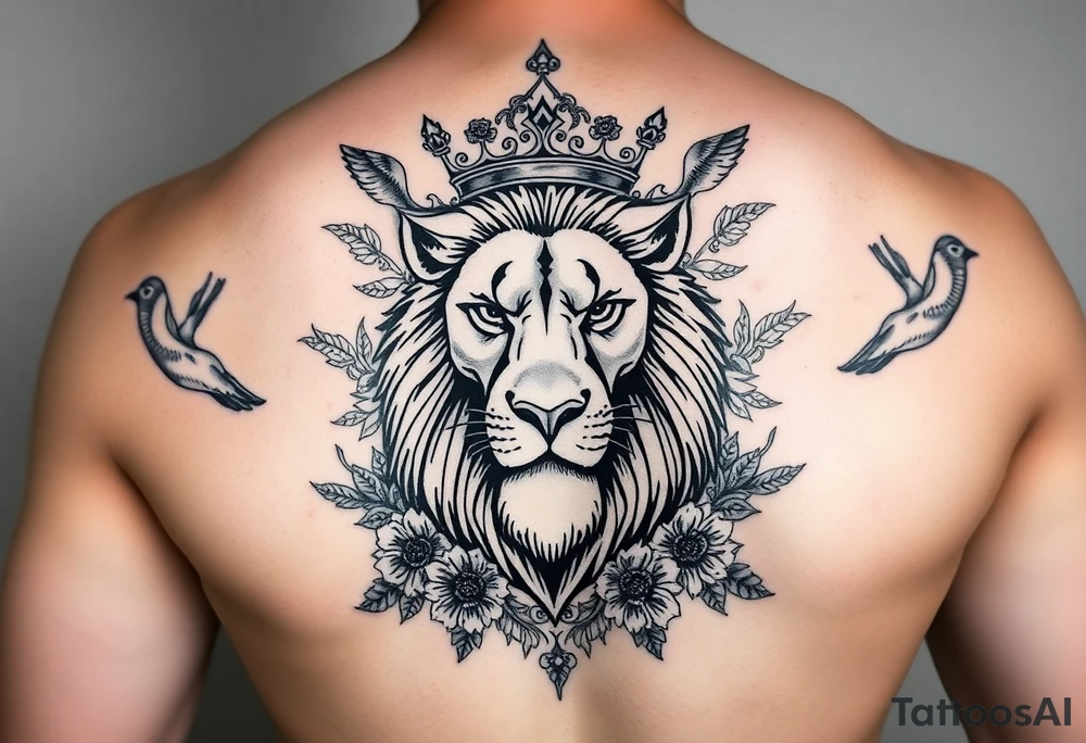 powerful majestic lion with a crown, surrounded by floral ornaments and birds tattoo idea