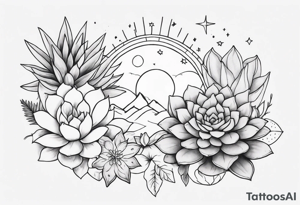 fine line with sun, stars, floral, dots, three succulents
. Sternum tattoo grey scale shading tattoo idea
