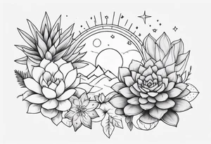 fine line with sun, stars, floral, dots, three succulents
. Sternum tattoo grey scale shading tattoo idea