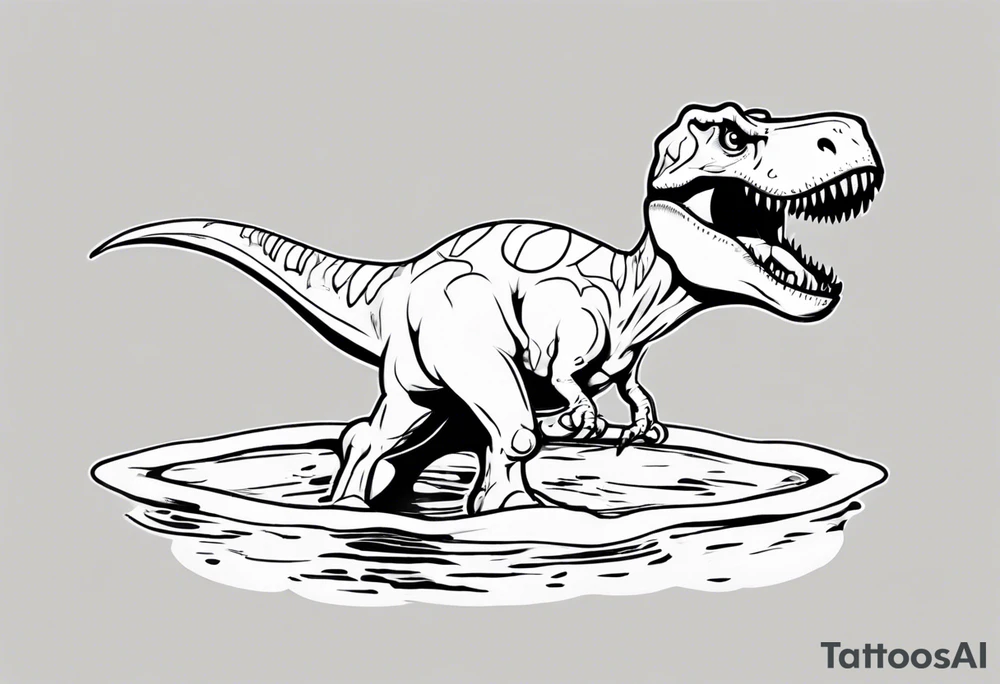 silly happy t rex in a pool wearing water polo cap tattoo idea