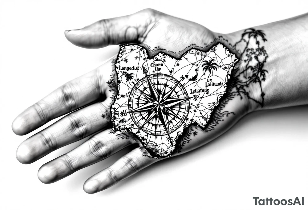 Compass on the back of the palm in the shape of Nigeria with longitude written on the top and latitude written on the bottom. Draw lines from a treasure map connecting from the arm to the tattoo and water waves around the tattoo tattoo idea