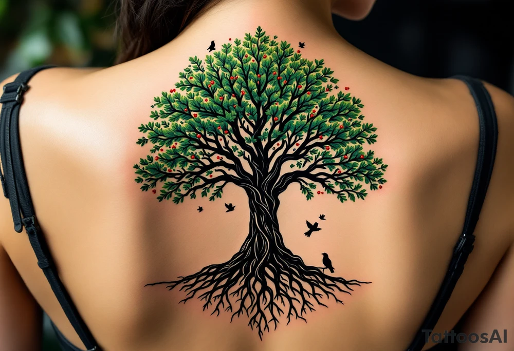 Slavic Tree of Life — A large oak tree with roots intertwining in black and branches stretching in vibrant green, filled with tiny red berries and birds flying around the crown. tattoo idea