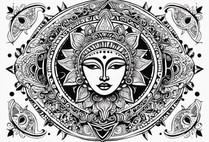 Mexican feminine alien Sun and moon. Freeform rectangular sternum swirls with dots and stars tattoo idea