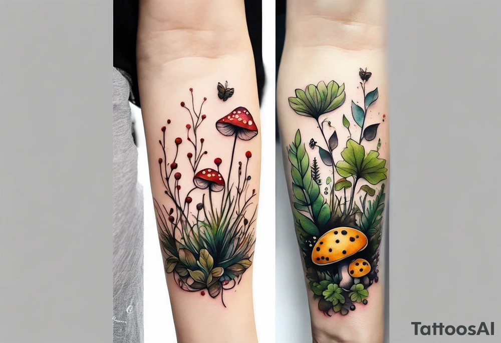 forest floor inspired minimalist tattoo, which includes grass, curly ferns, moss and dead leaves as the bulk of the tattoo. details to include: forest berries, a tiny bumblebee flying nearby, three small brown mushrooms
Generate a vertically long one tattoo idea