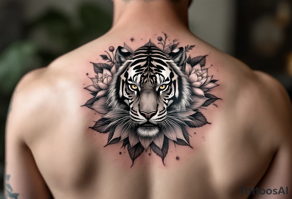 fierce tiger emerging through blooming lotus flowers in mist tattoo idea