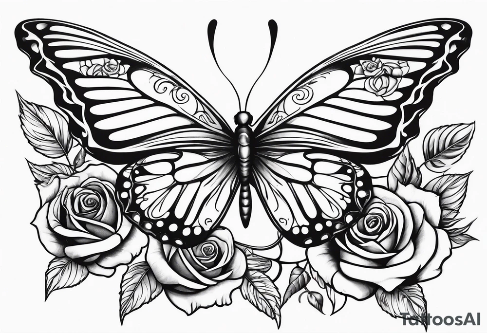 Butterfly flying with roses & filligree tattoo idea