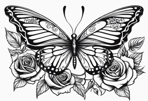 Butterfly flying with roses & filligree tattoo idea