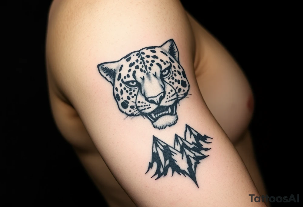 Jaguar face in the arm close to elbow mountains at the bottom close to the wrist tattoo idea