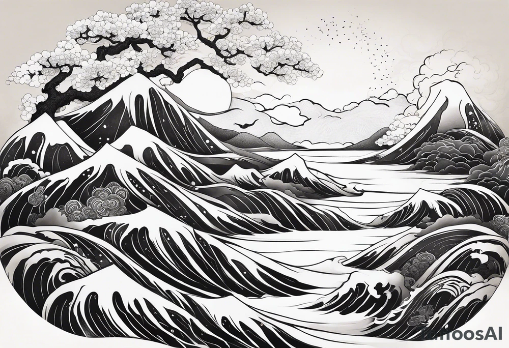 鲲，海浪，山石，银杏叶 tattoo idea
