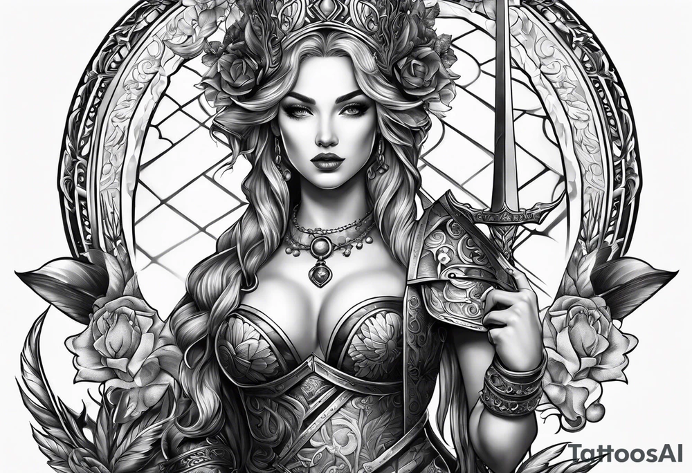 with lady juctice emblem a sword and a scale tattoo idea