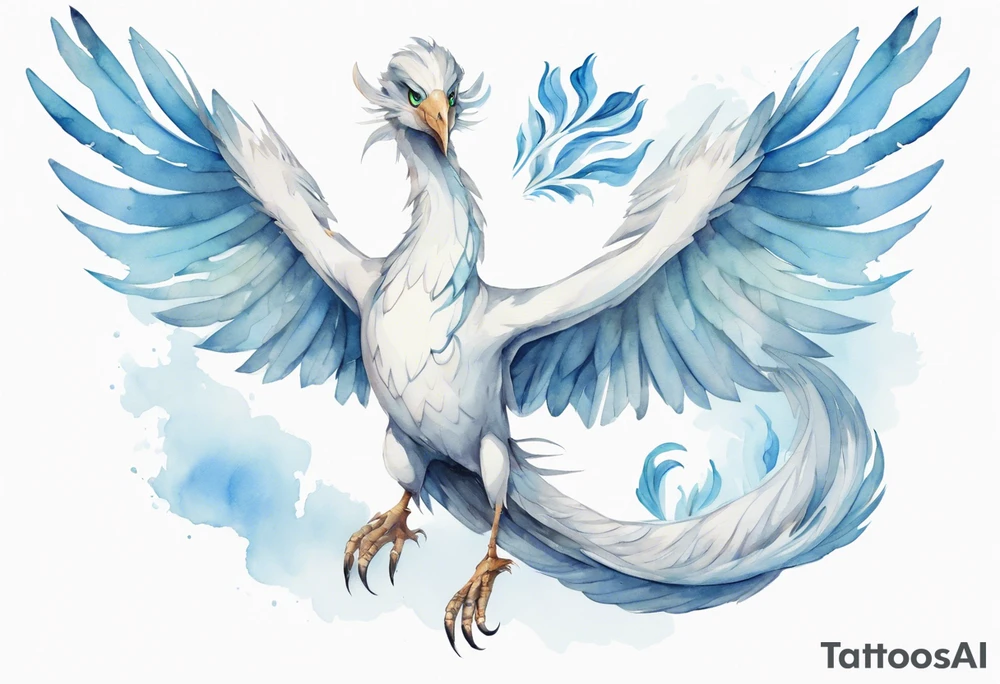 a watercolor of a white bird-serpent hybrid wearing a plain crown, with light blue wing feathers, flying in the sky tattoo idea