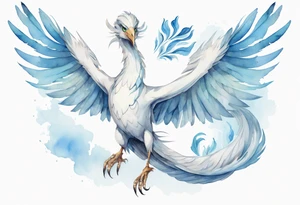 a watercolor of a white bird-serpent hybrid wearing a plain crown, with light blue wing feathers, flying in the sky tattoo idea