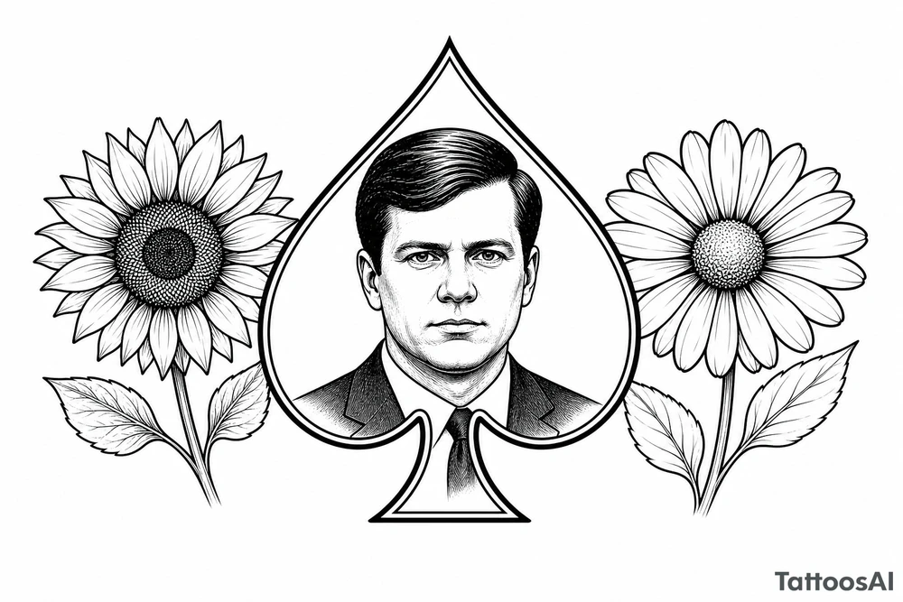 Bobby middle center inside the middle of the  with a sunflower and a daisy on each side of the spade very super extremely traceable to trace onto notebook paper, very super extremely easy and simple traceable tracing black and white outlining outline coloring pages very super extremely traceable to trace onto notebook paper tattoo idea