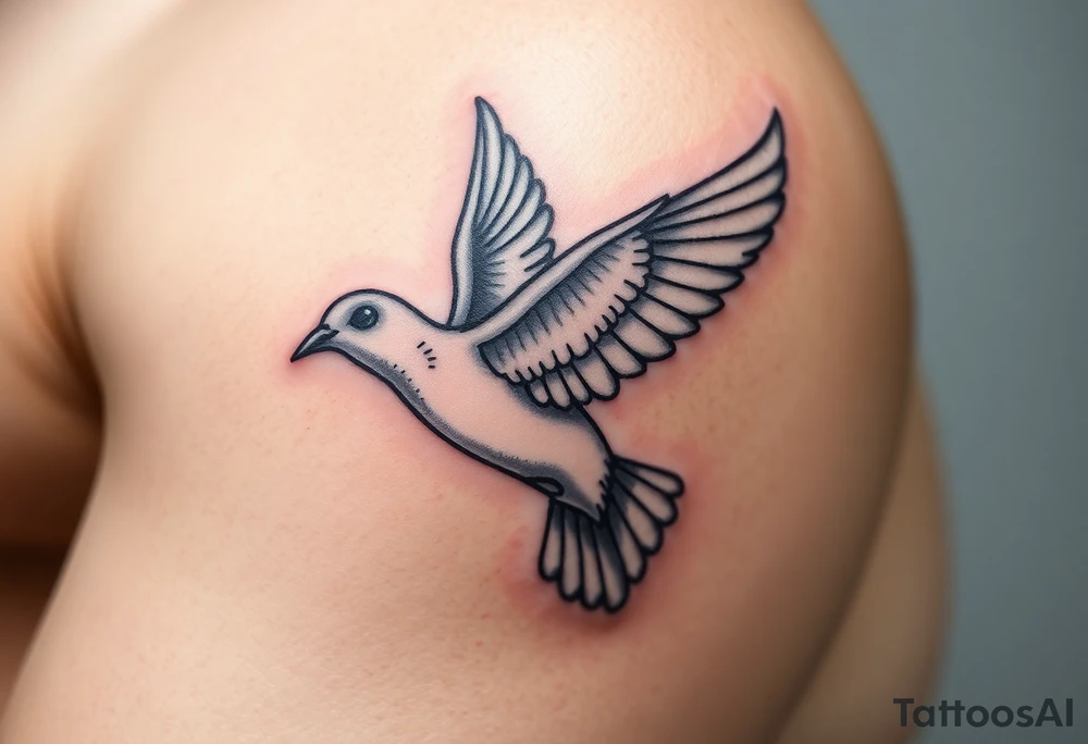 A realistic collared dove in flight, wings spread wide with soft gray and white feathers, symbolizing peace and freedom tattoo idea