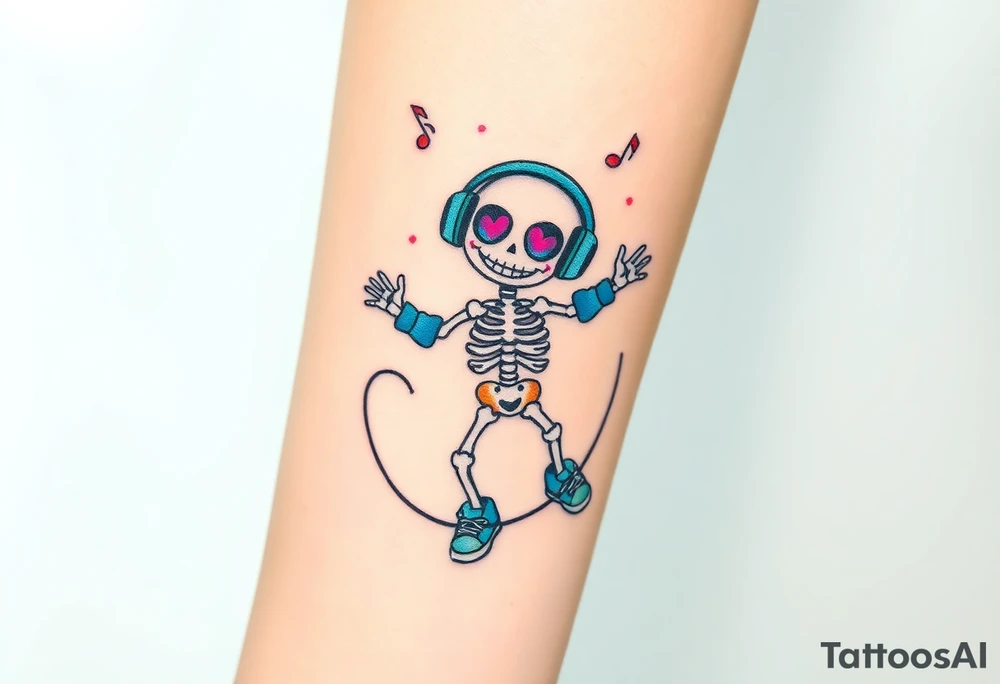 Cute smiley skeleton with heart shape eyes  jumping on a jump rope with both hands blue headphones blue armbands blue sneakers and colorful  music notes around his head tattoo idea