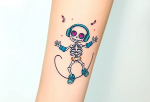 Cute smiley skeleton with heart shape eyes  jumping on a jump rope with both hands blue headphones blue armbands blue sneakers and colorful  music notes around his head tattoo idea